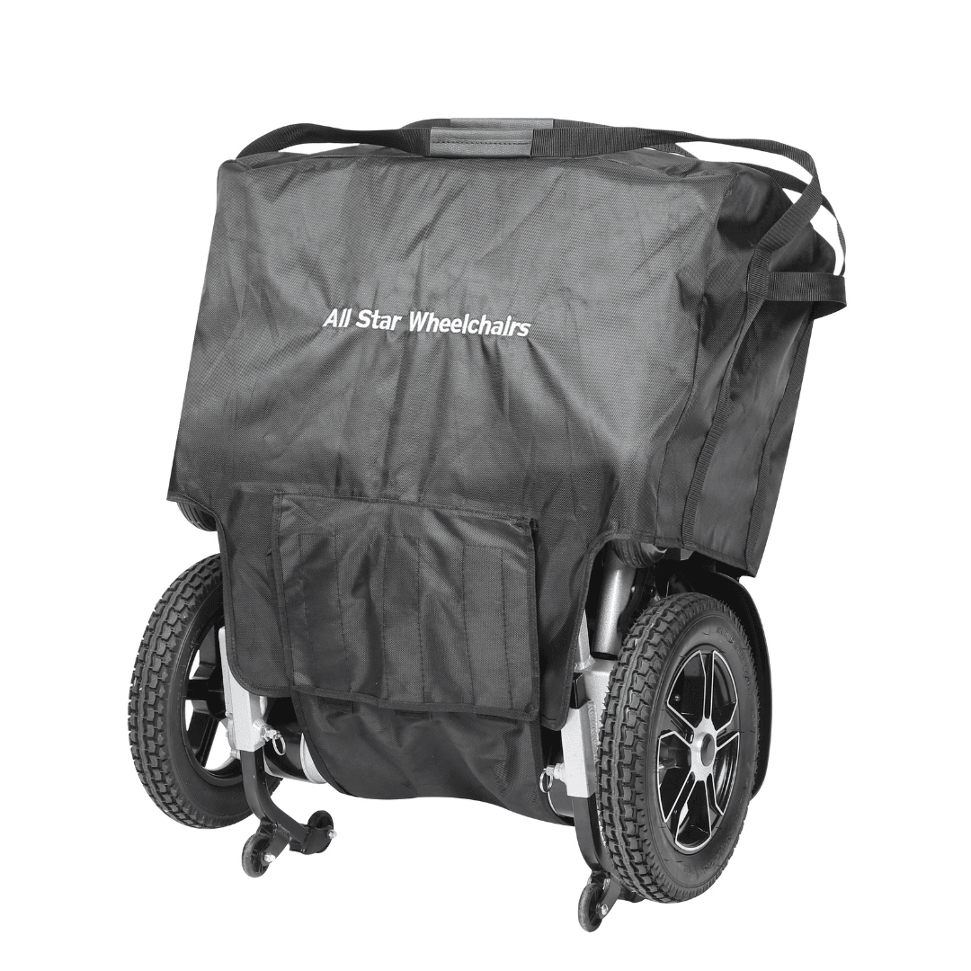 Foldable electric wheelchair packed inside a travel bag