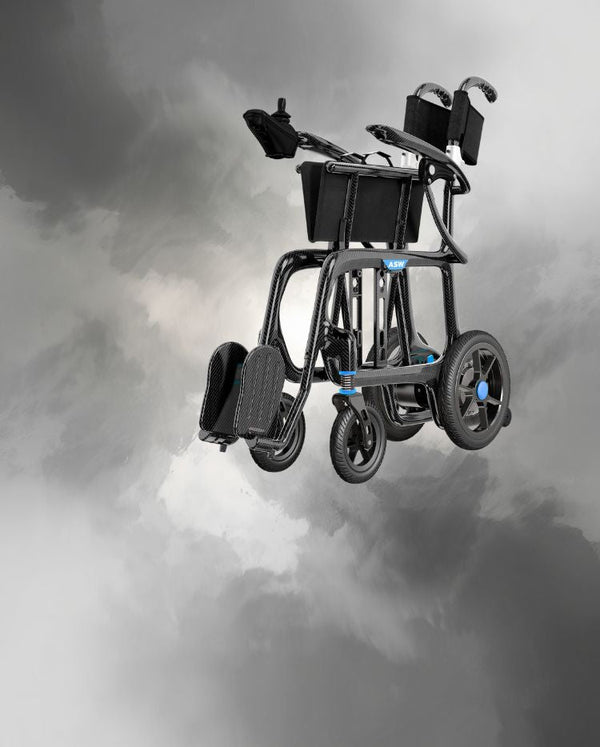 All Star carbon fiber folding power wheelchair shown in detail