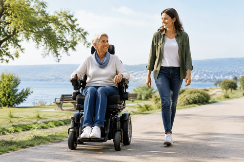 Senior confidently using a comfortable electric wheelchair on an accessible outdoor path