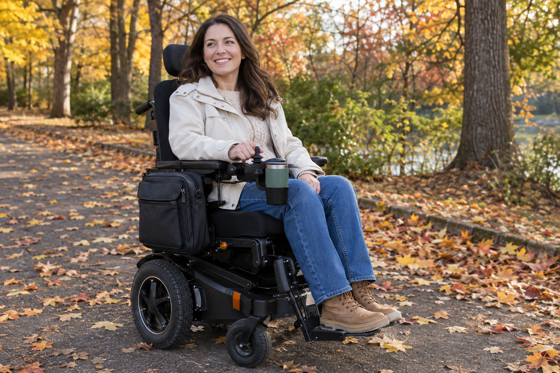 A wheelchair user smiling outdoors on a paved path surrounded by autumn leaves, using a wheelchair fitted with a side accessory bag