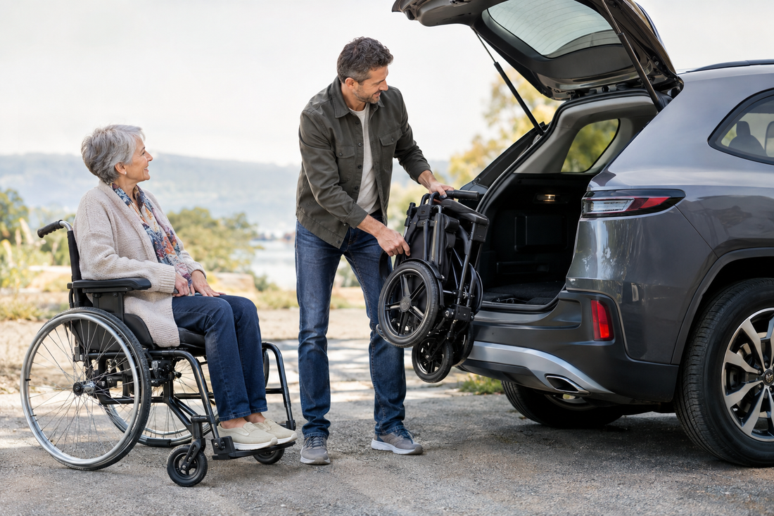 Caregiver and older wheelchair user preparing a folded electric wheelchair for car transport
