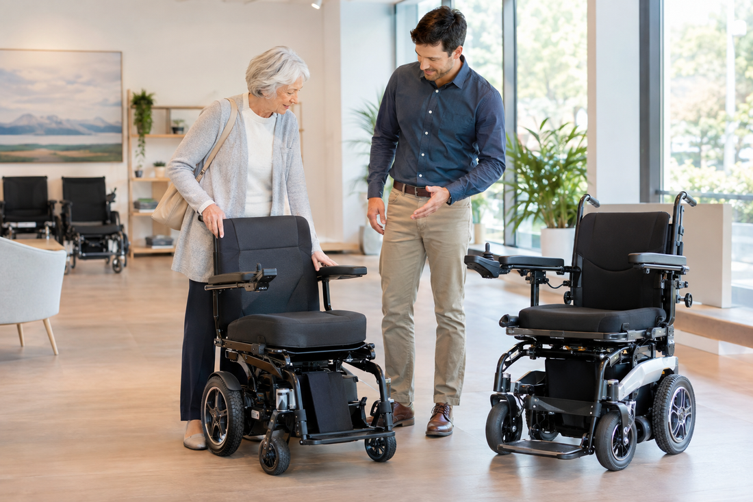 Older adult and family member comparing electric wheelchair options in a bright mobility showroom