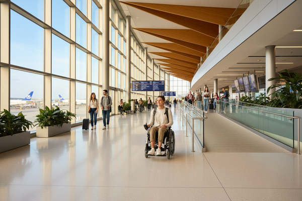 Traveler moving through a bright airport terminal in an electric wheelchair