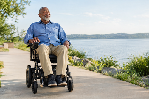Veteran confidently using a modern electric wheelchair on an accessible outdoor path
