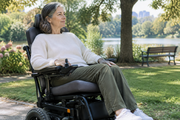 A person seated in an electric wheelchair outdoors testing a supportive seat cushion in a park setting