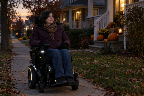 A person in an electric wheelchair on a neighborhood sidewalk at dusk in October with pumpkins visible on porches