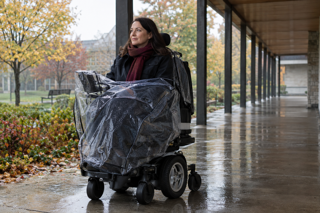 A person in an electric wheelchair fitted with a clear rain cover over the seat and controller under a covered walkway