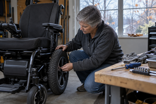 A person checking the wheel and tire tread of an electric wheelchair in a garage with tools nearby