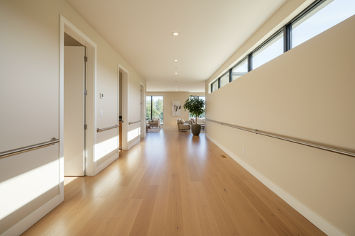 Bright, accessible residential hallway with handrails and clear flooring for safe mobility at home