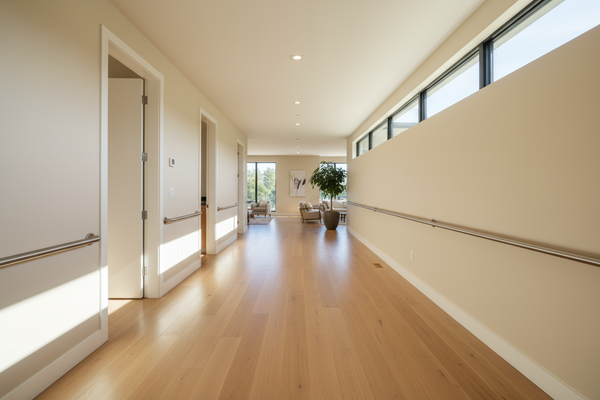 Bright, accessible residential hallway with handrails and clear flooring for safe mobility at home