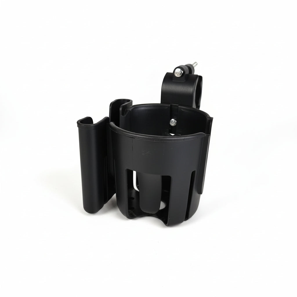 Universal cup holder clamped to wheelchair frame