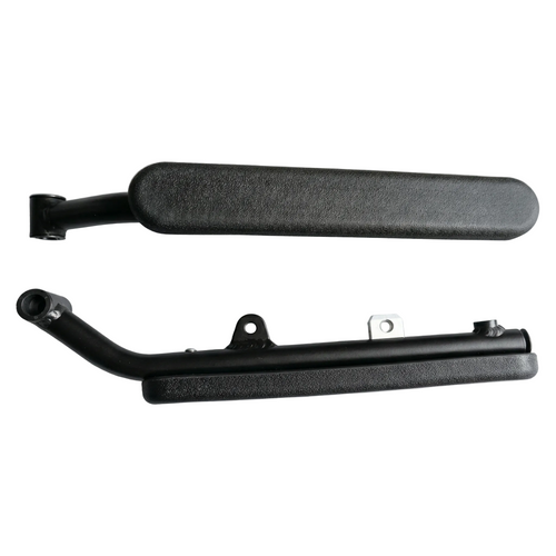 Two black metal components on a gray background