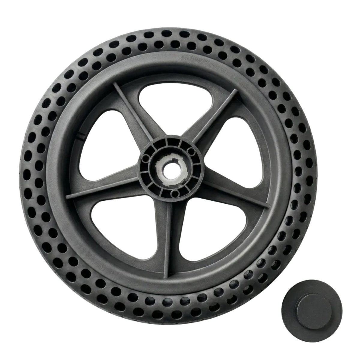 Black wheel with a unique design on a white background