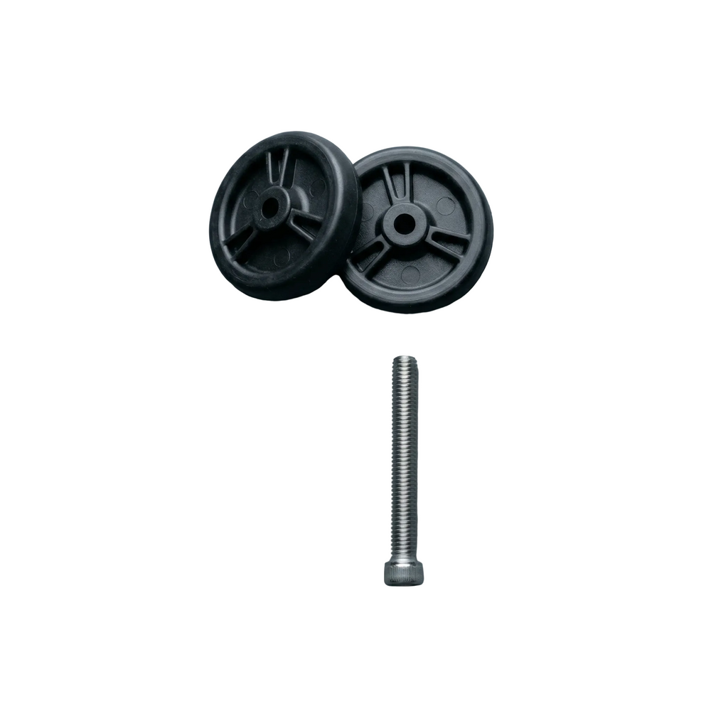 Two black wheels and a silver screw on a gray background