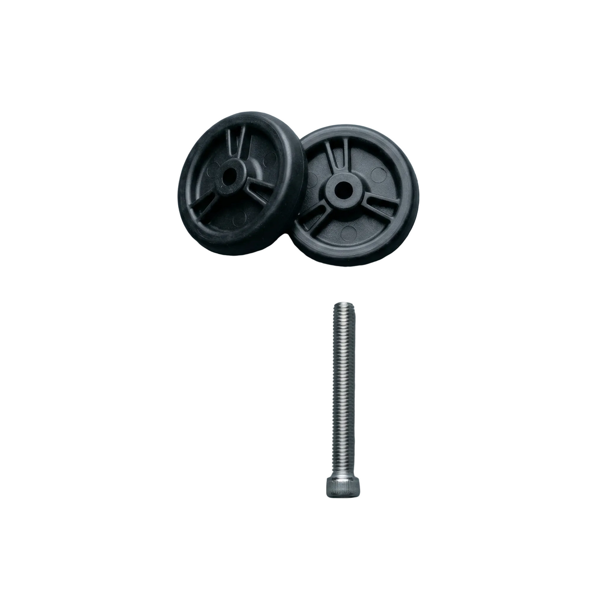 Two black wheels and a silver screw on a gray background