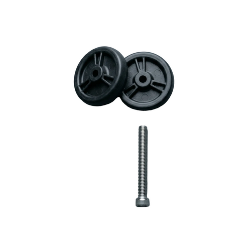 Two black wheels and a silver screw on a gray background