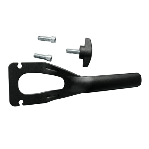 Black metal bracket with three screws on a light gray background