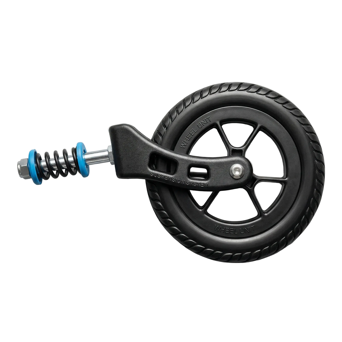 Black wheel with suspension fork on a gray background