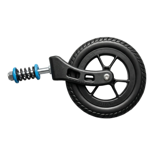 Black wheel with suspension fork on a gray background