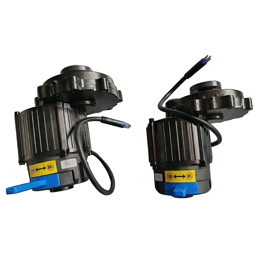 Two black motors with blue and yellow accents on a gray background