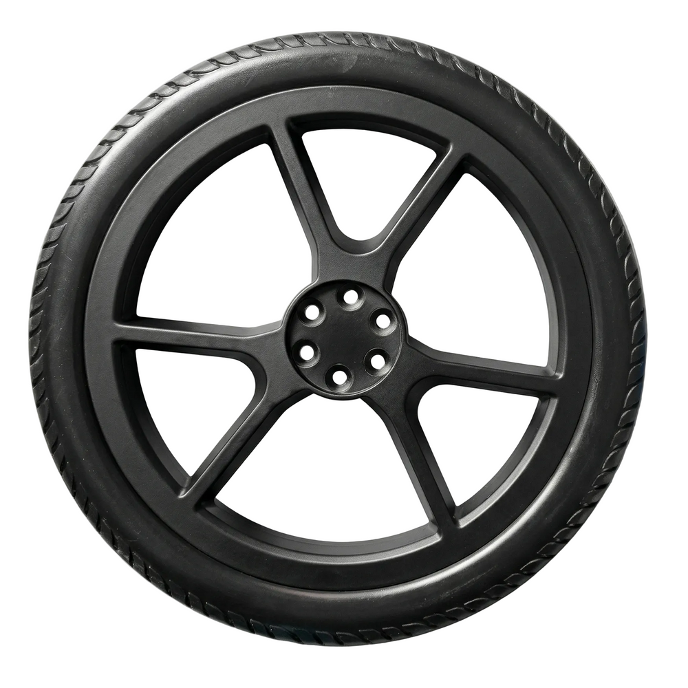 Black wheel with a blue rim on a gray background