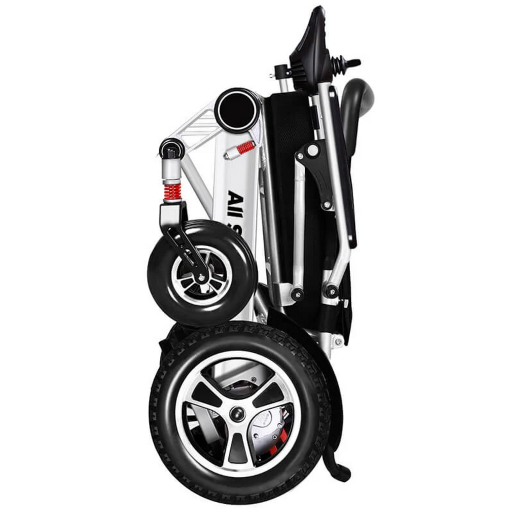 Close-up of foldable electric wheelchair