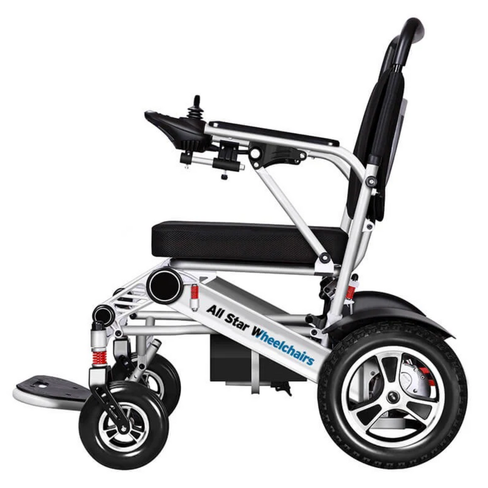 Side view of an electric wheelchair