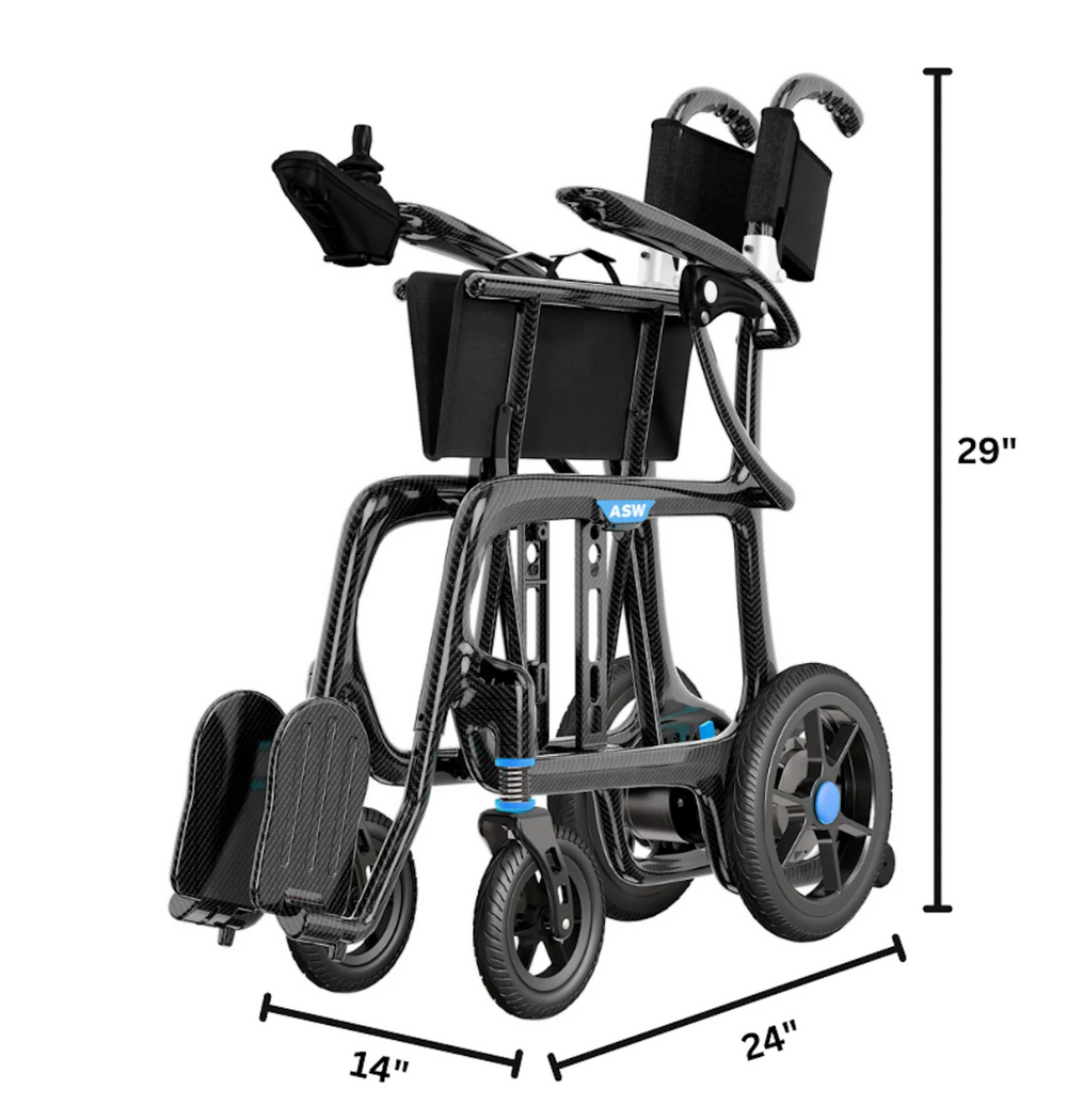 showing a foldable electric wheelchair in folded position