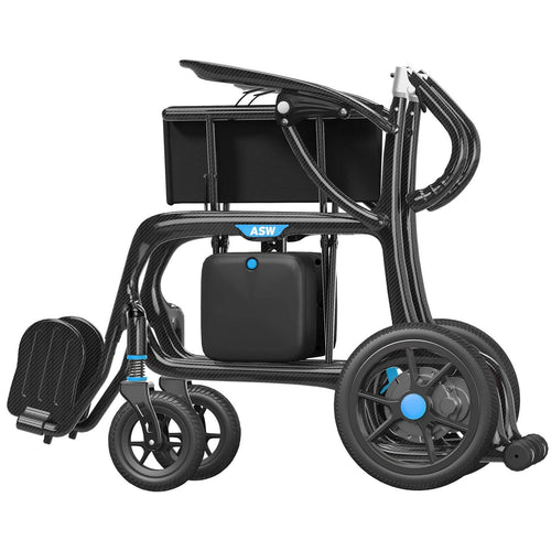 Close-up of foldable electric wheelchair