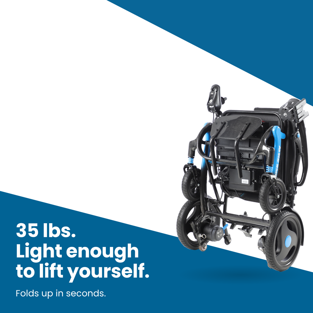 Carbon Atlas carbon fiber electric wheelchair folded, 35 lbs and light enough to lift yourself