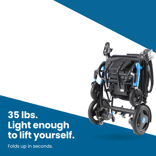 Carbon Atlas carbon fiber electric wheelchair folded, 35 lbs and light enough to lift yourself