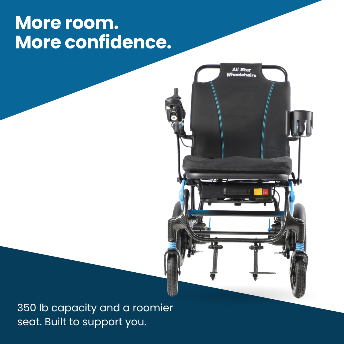 Carbon Atlas electric wheelchair front view showing the roomier seat, rated for up to 350 lbs