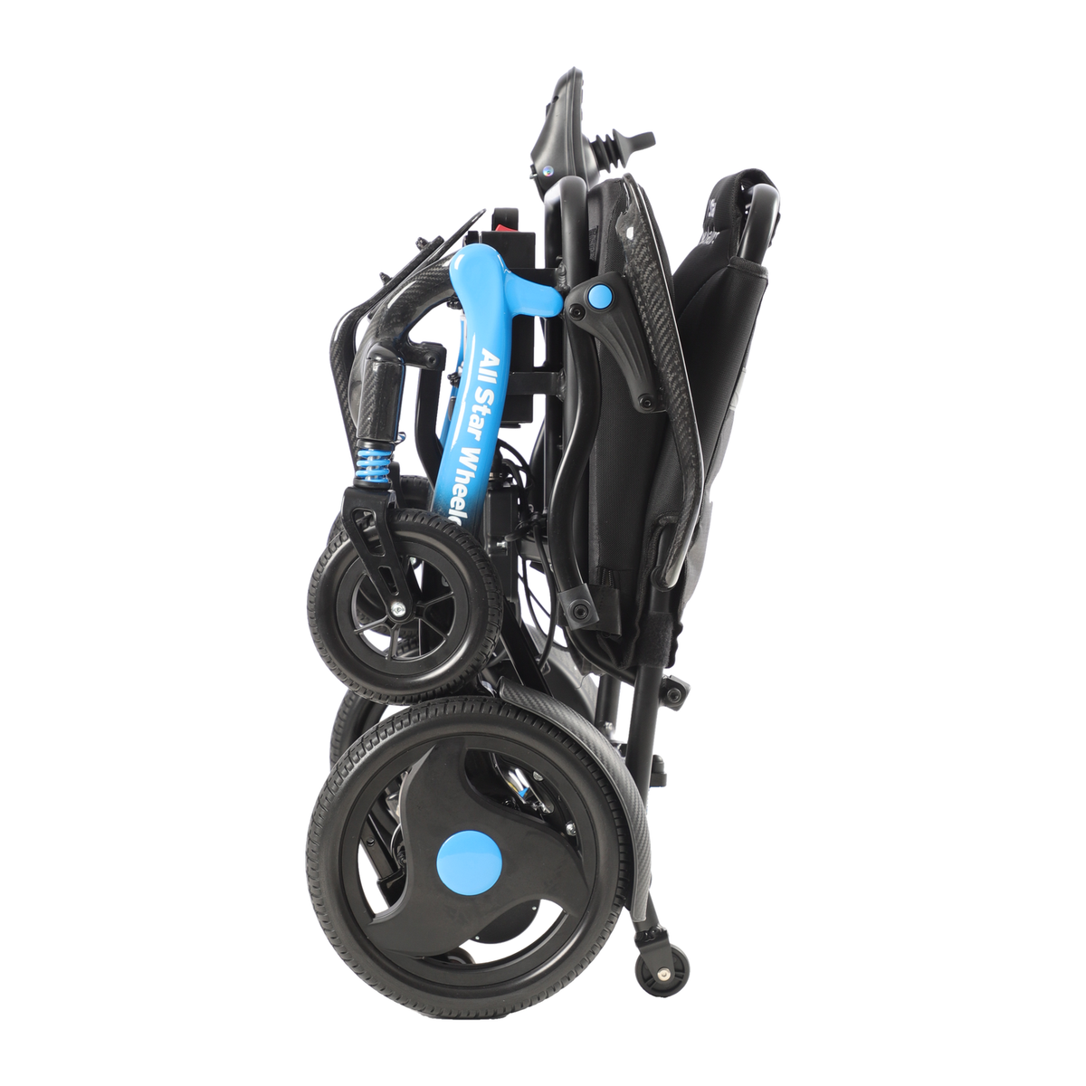 Carbon Atlas electric wheelchair folded flat for car trunk or airline travel, side view
