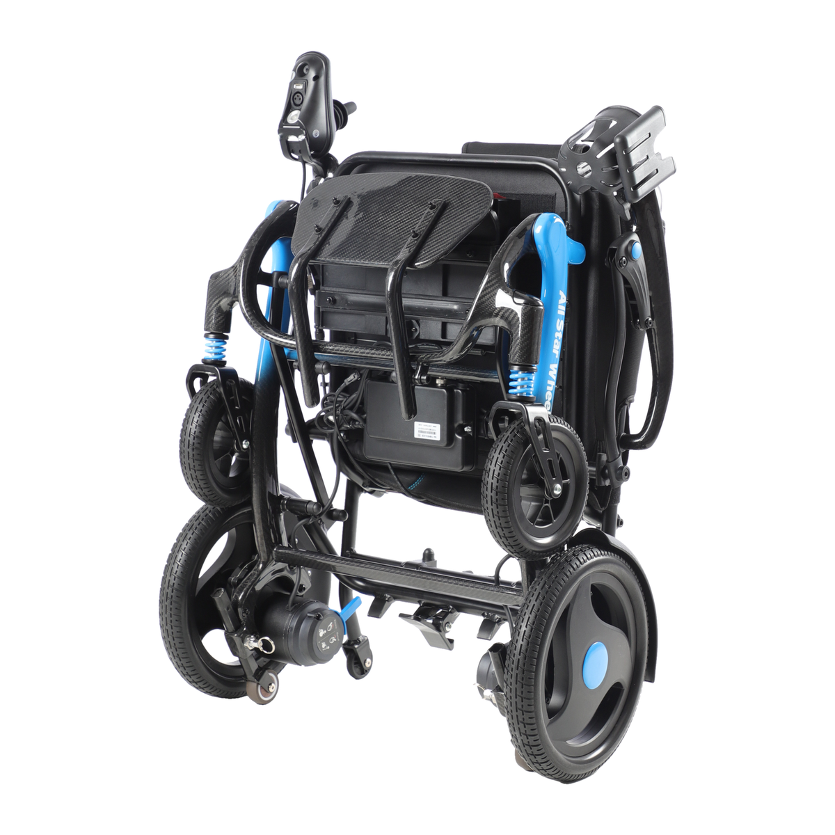 Carbon Atlas folding electric wheelchair folded, three-quarter view