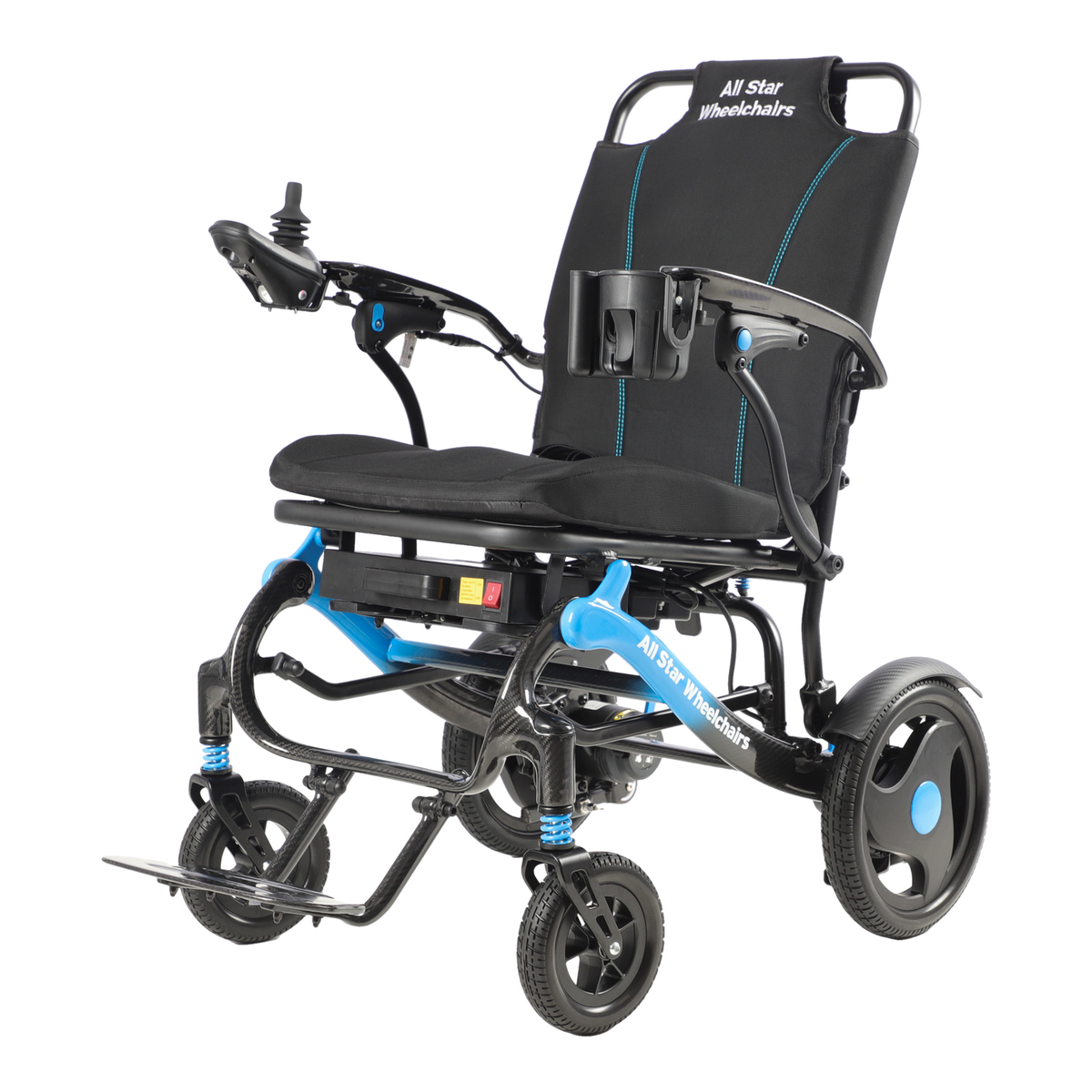 Carbon Atlas carbon fiber folding electric wheelchair by All Star Wheelchairs, front three-quarter view on white