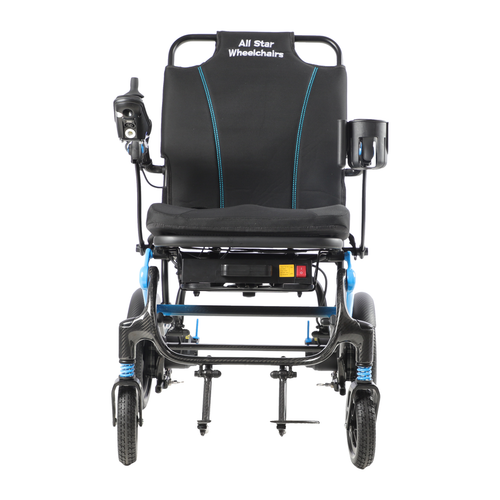 Carbon Atlas electric wheelchair front view showing the wide seat, joystick controller and cup holder