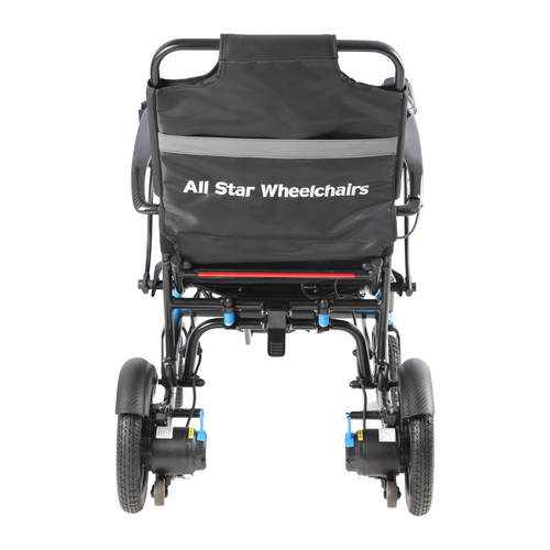 Carbon Atlas electric wheelchair rear view showing the All Star Wheelchairs backrest and LED tail light