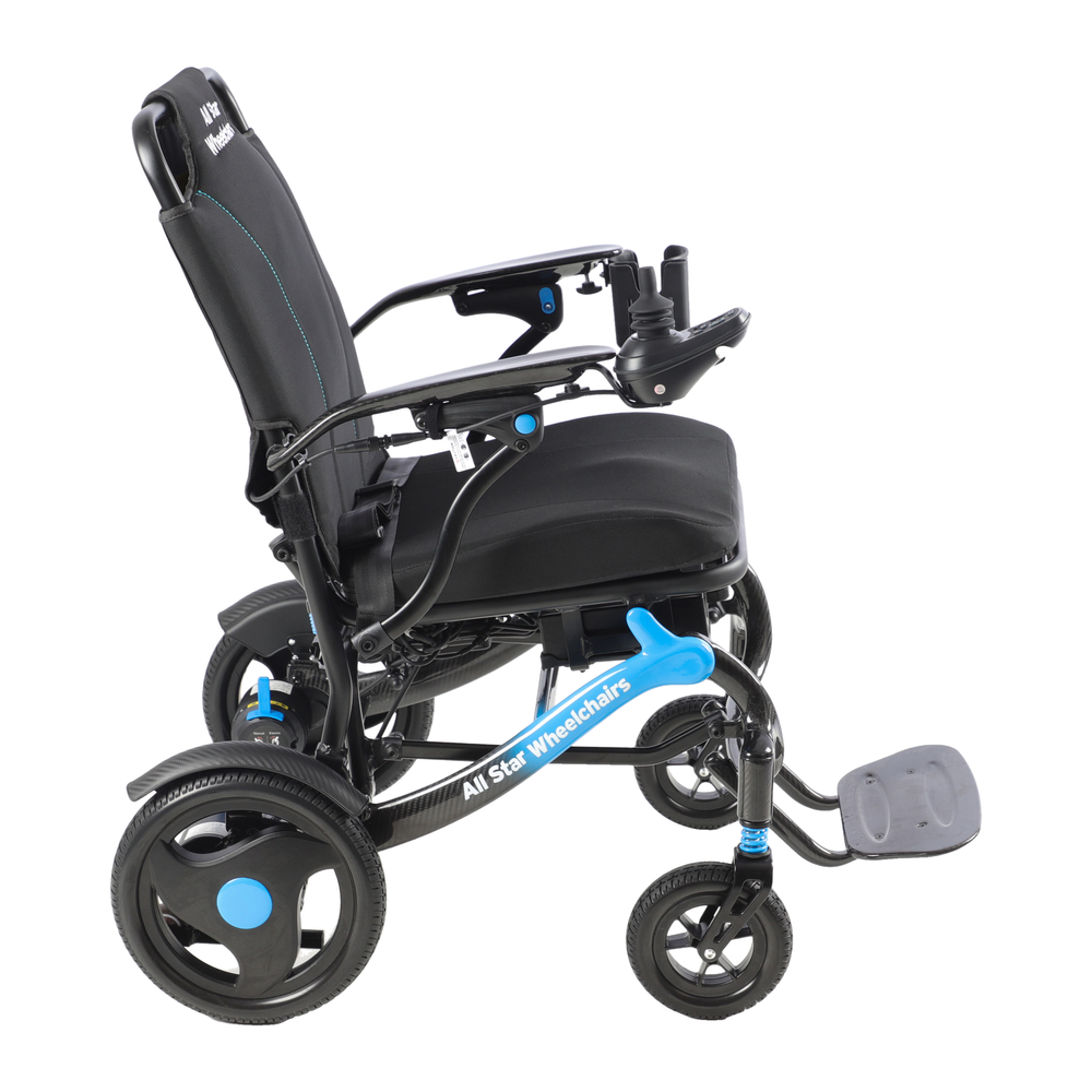 Carbon Atlas carbon fiber electric wheelchair side profile showing 11-inch drive wheels and footrest