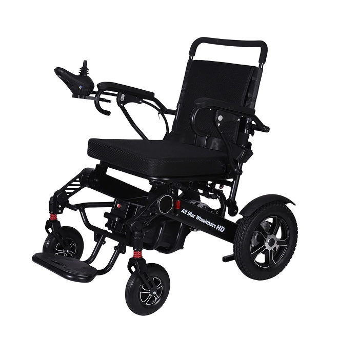 Heavy Duty folding electric wheelchair by All Star Wheelchairs, front three-quarter view