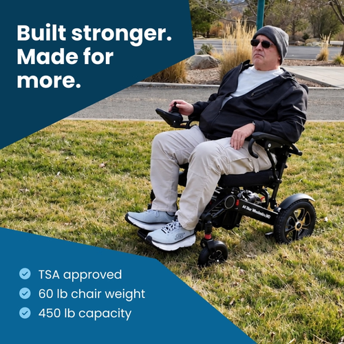 Built stronger, made for more: Heavy Duty electric wheelchair, TSA approved, 60 lb chair weight, 450 lb capacity