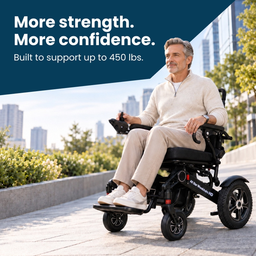More strength, more confidence: man riding the Heavy Duty electric wheelchair, built to support up to 450 lbs