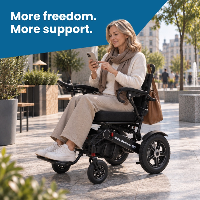 More freedom, more support: woman using the Heavy Duty electric wheelchair on a city sidewalk