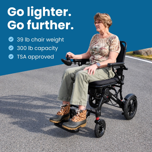 Go lighter, go further: Ultra Lightweight electric wheelchair, 39 lb chair weight, 300 lb capacity, TSA approved