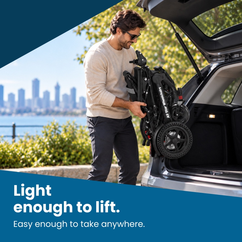 Light enough to lift: Ultra Lightweight electric wheelchair folded and loaded into a car trunk