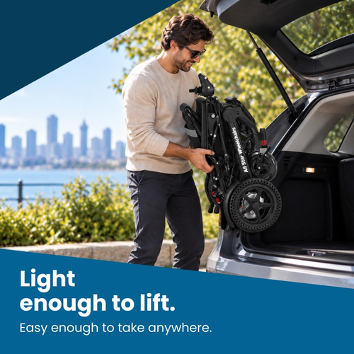Light enough to lift: Ultra Lightweight electric wheelchair folded and loaded into a car trunk