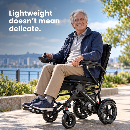 Lightweight doesn't mean delicate: man riding the Ultra Lightweight electric wheelchair on a waterfront path
