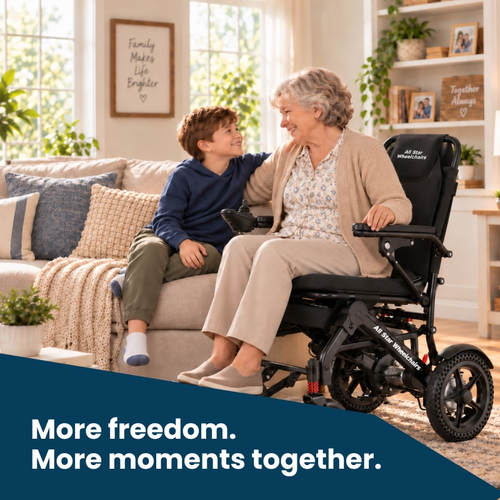 More freedom, more moments together: grandmother in the Ultra Lightweight electric wheelchair at home with her grandson