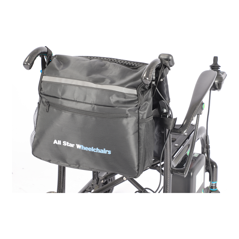 Blue rear storage bag mounted on carbon fiber electric wheelchair