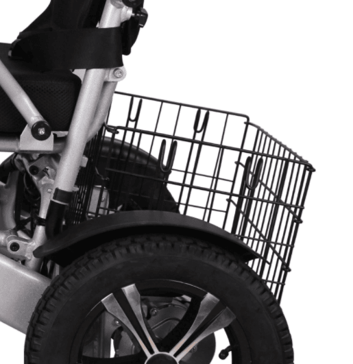 Clip-on storage basket for electric wheelchair